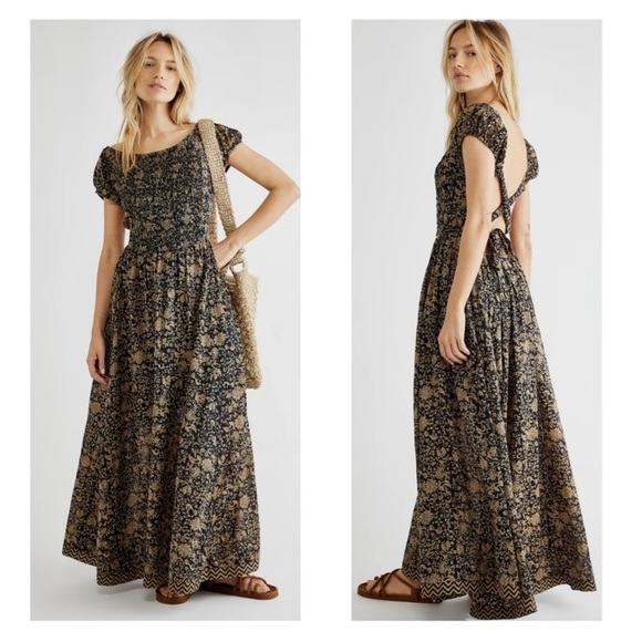 Free People Ultraviolet Ruched Detail Open Back Boho Maxi Dress Black Tan Large - Picture 7 of 15